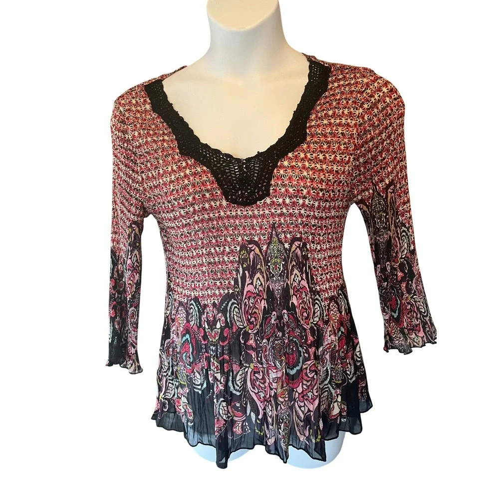 VTG Alberto Makali Women 90s Plisse Boho Paisley Crochet Trim Top Size XL Artsy - Picture 1 of 10